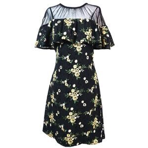 Donna Morgan Black Yellow Floral Short Dress Sheer Lace BOW Embroidered 10 Party